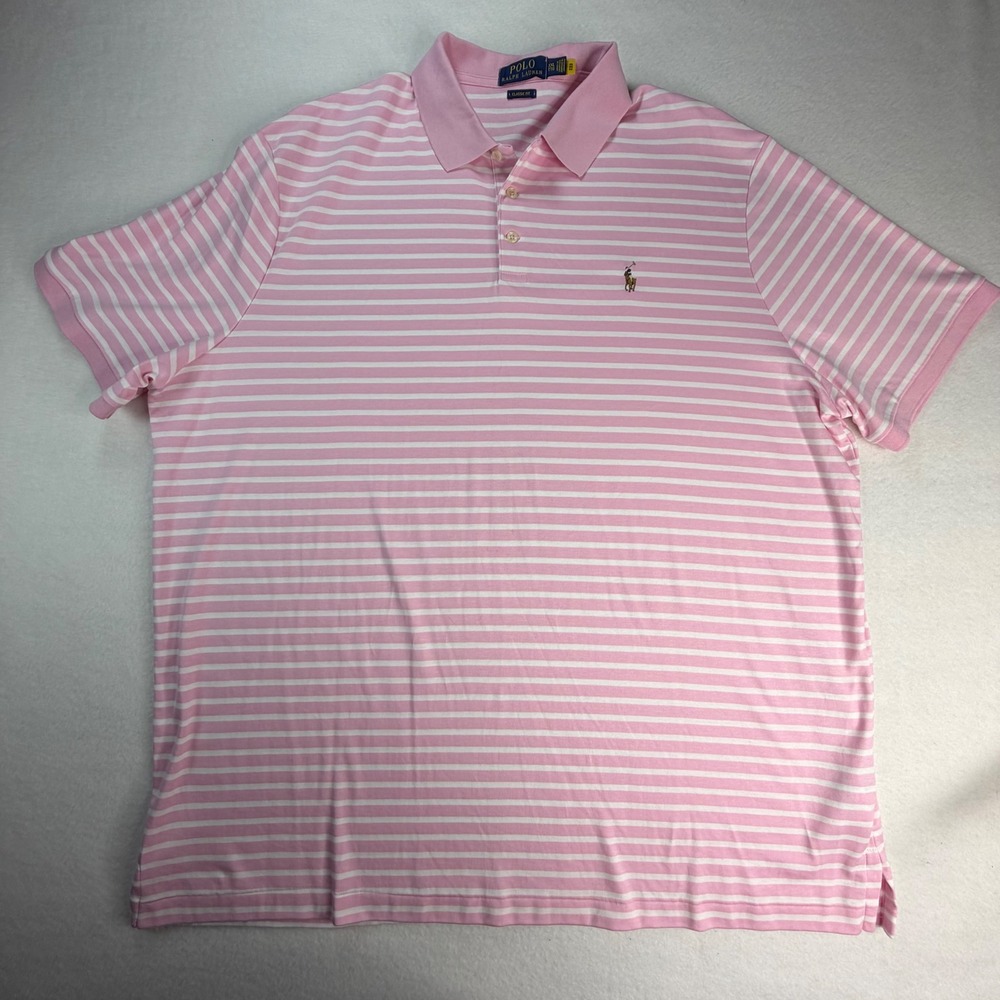 Polo Ralph Lauren Mens XXL Classic Fit Striped Polo Shirt Pink White‎ Cotton
